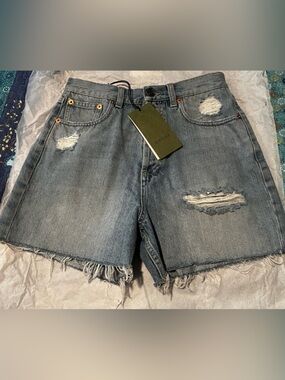 Gucci Embroidered Distressed Denim Shorts - Blue-25